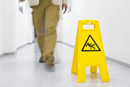 Out Of Focus Man Walking Towards a Wet Floor Sign
